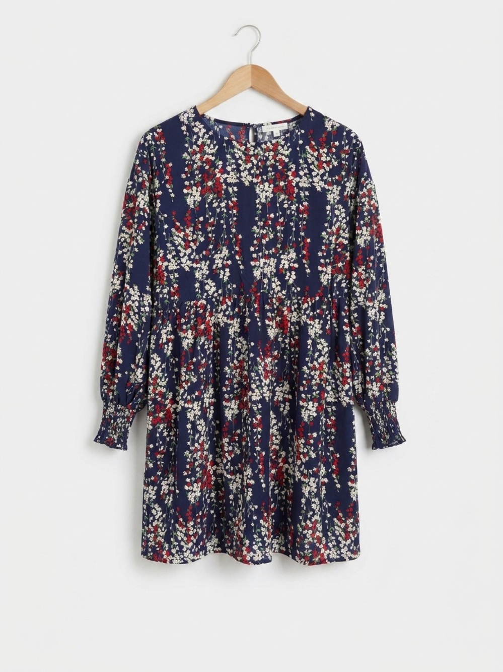 Dokotoo Floral Babydoll Dress | Navy Blue Long Sleeve Mini Dress | Women's
